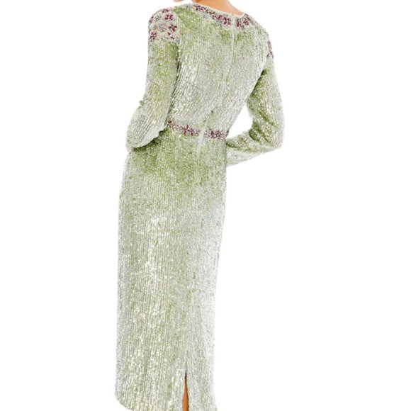 MAC DUGGAL 93568 FLORAL BEADED TEA LENGTH SAGE MIDI DRESS sz 16 - Picture 2 of 7